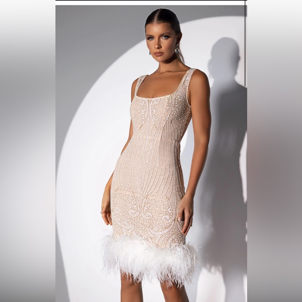 NWT  Abyss by ABBY Cream Midi Dress Sleeveless Bodycon Style with feather trim